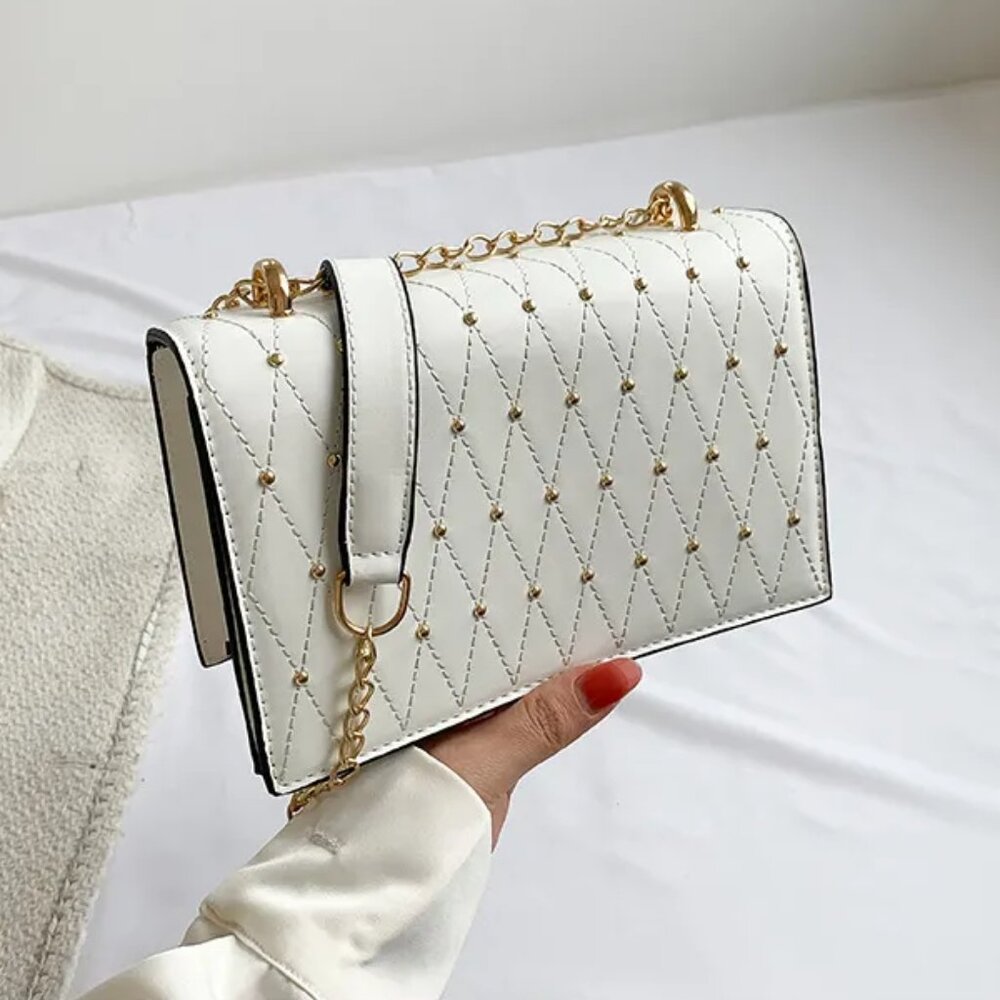 Rivet Detail Studded Chic Crossbody Purse Bag, White